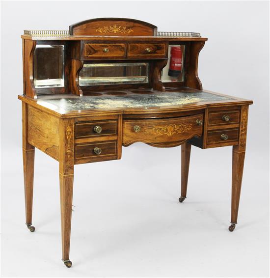 An Edwardian inlaid and strung rosewood bonheur du jour, W. 3ft 6in. D. 1ft 10in. H. 3ft 8in.